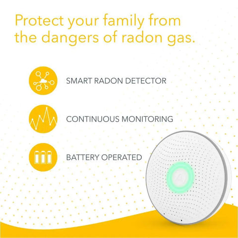 Smart Radon Detector With Humidity And Temperature Sensor For Home Safety Easy To Use And Accurate Continuous Monitoring Battery Operated With Free App No Lab Fees, circular design with green light indicator