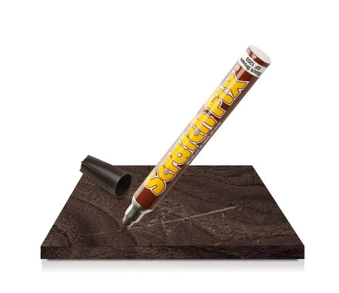 Wood Stain Scratch Repair Pen Wood Repair Marker In Black Brown For Dark Wood Like Walnut Ebony Espresso showing scratch repair on dark wood.