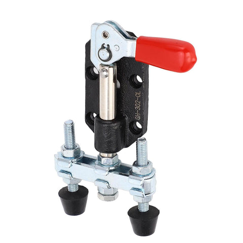 Push Pull Clamp Dual Head Toggle Clamp in carbon steel with 90kg clamping force and 20mm stroke, red handle visible.