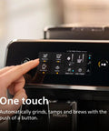 Fully Automatic Espresso Machine Crushing Your Morning Cravings With One Touch Brewing And Classic Milk Frother For Silky Cappuccinos Featuring Precision Ceramic Grinder And Sleek Black Touch Display.
