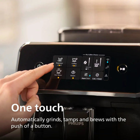 Fully Automatic Espresso Machine Crushing Your Morning Cravings With One Touch Brewing And Classic Milk Frother For Silky Cappuccinos Featuring Precision Ceramic Grinder And Sleek Black Touch Display.