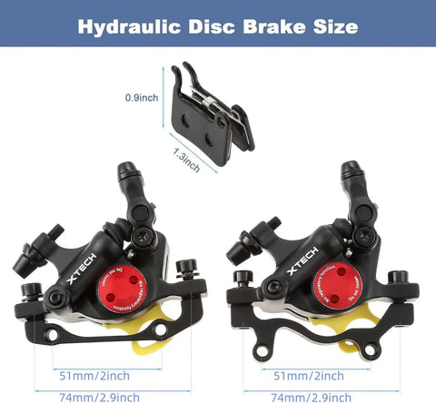 Line Pull Hydraulic Disc Brake Calipers for Mountain Bikes and E Bikes, Hydraulic Mechanical Disc Brakes Front and Rear, 2 Pack Black detail view with dimensions.