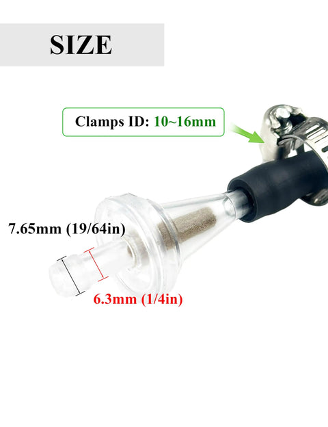 Inline Copper Fuel Filter For One Quarter Inch Fuel Line Fitment On Dirt Bikes, ATVs, Motorcycles, with detailed dimensions