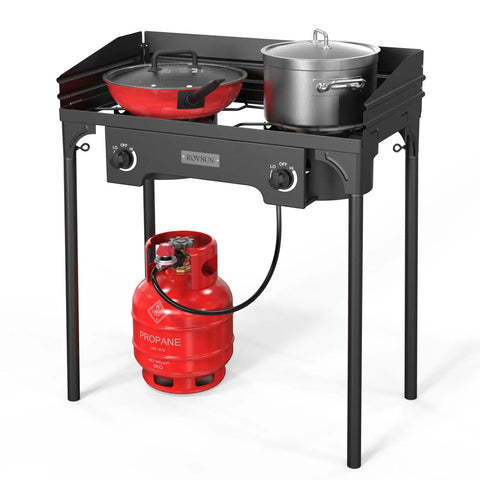 Go To Two Burner Outdoor Camp Stove With Wind Panel And 150000 BTU Propane Burner For Outdoor Cooking Frying Canning Boiling And Big Group Camping For Large Gatherings And Outdoor Parties with pots
