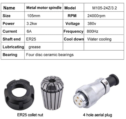3.2 kW Water Cooled Spindle Motor With ER25 Chuck And 4 Hole Aerial Plug, 105 mm Diameter, 24000 RPM, 380 V, 6 A, parts diagram