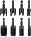 Eight Piece Wood Plug Cutter Drill Bit Set With One Quarter, Five Sixteenths, Three Eighths And One Half Inch Sizes And One Quarter Inch Hex Shank For Clean, Professional Plug Fittings In Woodworking.