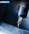 Close-up of DKIBBITH 7-piece center drill bit set in drill chuck; M2 HSS, 60-degree, sizes 1.0–5.0 mm.