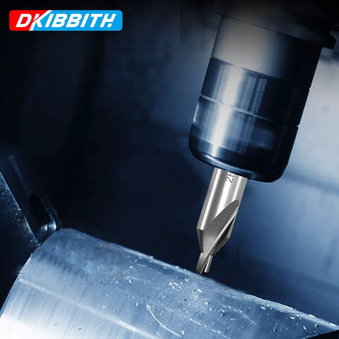 Close-up of DKIBBITH 7-piece center drill bit set in drill chuck; M2 HSS, 60-degree, sizes 1.0–5.0 mm.