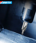 Close-up of Beefy Long Center Drill Bit Set 5 Pc Pro Grade M2 HSS 60 Degree Point in use on metalwork.