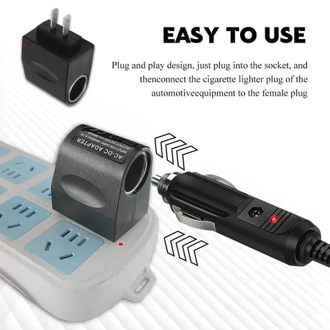 Universal AC To DC Power Converter Adapter Turns Any Wall Outlet Into A Rock Solid Car Cigarette Lighter Socket in use.