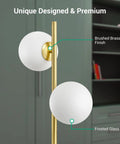 Mid Century Modern Floor Lamp With Built In LED Gold Globe, Stepless Pedal Dimmer, Two Frosted Glass Shades, Tall Corner Lamp