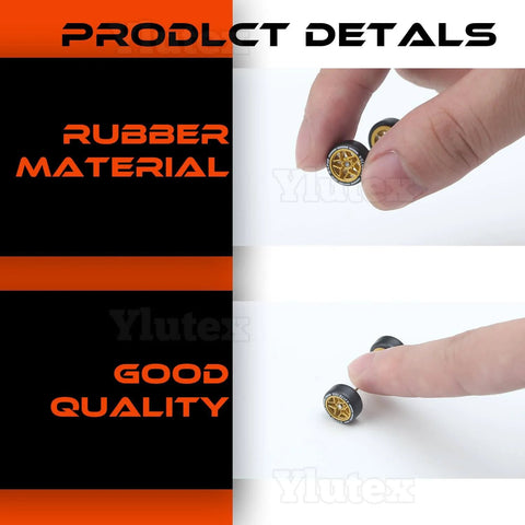 1/64 Scale Diecast Car Wheels And Tires Set Mixed Random Realistic Wheel Rims With Printed Detail held by fingers
