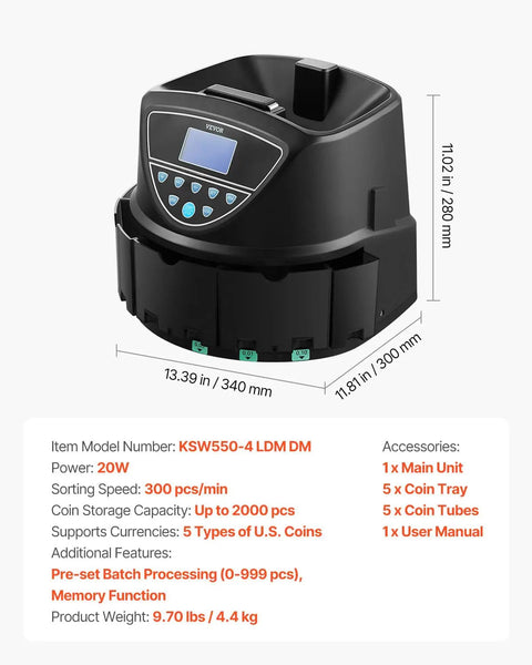 Coin Counter And Sorter With Intuitive Display, Fast 300 Coins Per Minute, 5 Coin Tubes And 5 Trays, machine dimensions displayed