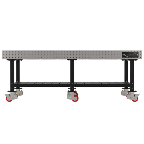 Heavy Duty Welding Fixture Table 96X48X36 Steel Workhorse With Built In Shelf sturdy design, rolling with non-marking casters, flat top surface.