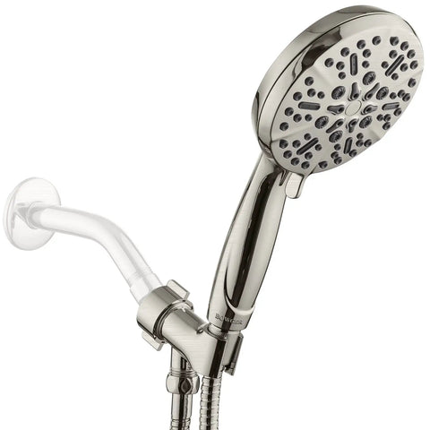 Powerful High Pressure Handheld Shower Head With 5 Spray Modes, Detachable Rain Showerhead, Brushed Nickel, mounted on wall