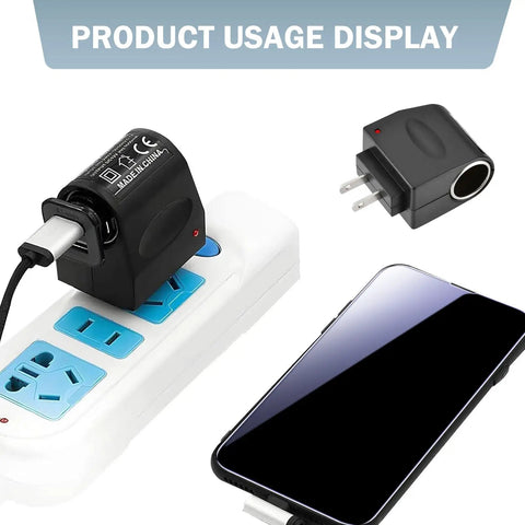 Zero Hassle Wall To Ride Power Adapter Runs Your Car Gadgets Indoors Plug Straight Into Any Home Socket Convert AC To DC showing usage with phone and adapter.