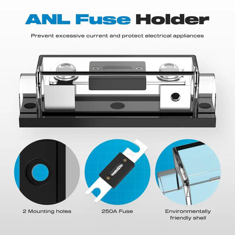 250 Amp ANL Fuse Holder Inline 0 2 4 Gauge AWG For Your Car Audio Rig With Easy Install Two Screw Holes Secure Mount Great For Cars Trucks Boats Durable Construction For Long Lasting Performance In Harsh Road And Marine Conditions. 250A ANL fuse holder with two mounting holes and clear cover