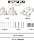 White Finish Adjustable Curtain Rod Set For Windows 28 To 88 Inches 1 Inch Diameter With Decorative Finials And Included Brackets Splice Nuts Anchors And Screws For Easy No Fuss Home Decor Upgrade components.
