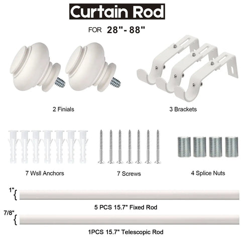 White Finish Adjustable Curtain Rod Set For Windows 28 To 88 Inches 1 Inch Diameter With Decorative Finials And Included Brackets Splice Nuts Anchors And Screws For Easy No Fuss Home Decor Upgrade components.