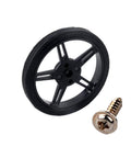 RC tire wheel with black rubber tire on five-spoke plastic wheel and mounting screw