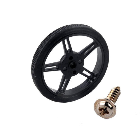 RC tire wheel with black rubber tire on five-spoke plastic wheel and mounting screw