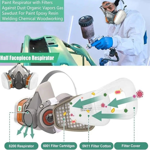 Lightweight Reusable Half Face Respirator With Replaceable Filters for Dust Organic Vapors Gas and Paint Fumes shown in action