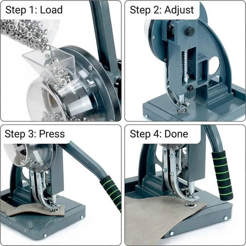 Four-step process of the Semi Automatic Grommet Machine Heavy Duty Hand Press For Eyelets And Punching with easy feeding tool.