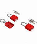 Industrial Safety Lockout Tagout Kit with six-hole tamper-proof hasp, two red padlocks, and keys, non-conductive thermoplastic body
