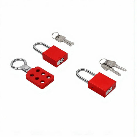 Industrial Safety Lockout Tagout Kit with six-hole tamper-proof hasp, two red padlocks, and keys, non-conductive thermoplastic body