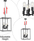 6 Light Black Farmhouse Pendant Chandelier With Square Cage Shades For Kitchen Dining Room And Entryway Dimmable Rustic Modern Ceiling Light Fixture Dope Home Vibe Lighting showing adjustable height feature and bulb details.