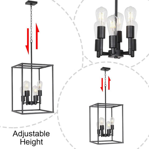 6 Light Black Farmhouse Pendant Chandelier With Square Cage Shades For Kitchen Dining Room And Entryway Dimmable Rustic Modern Ceiling Light Fixture Dope Home Vibe Lighting showing adjustable height feature and bulb details.