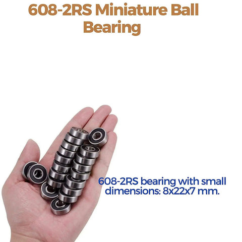 608 2RS Bearings 50 Pack 8x22x7mm Double Rubber Sealed Ball Bearings For Skateboards And Small Equipment Chrome Steel Smooth Spin Durable And Ready To Roll, shown in hand