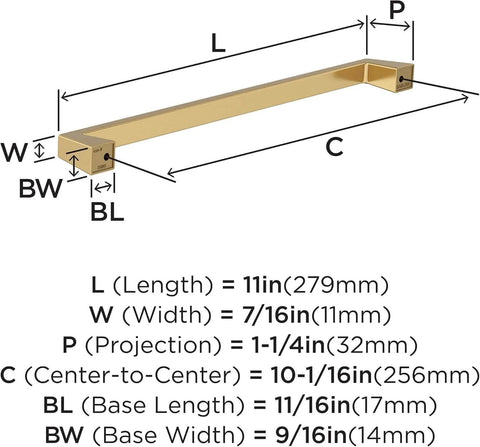 Dimensions diagram of Champagne Bronze Cabinet Pull From Blackrock Collection For Cabinets And Furniture With 11 Inch Overall Length