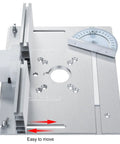 Heavy Duty Router Table Insert Aluminum Flip Plate With Adjustable Miter Guide Rail and Crisp Scale Markings For Dead On Edge Cuts and Shop Ready Performance In Any Fine Woodworking Space showing precision alignment features and adjustable guide.