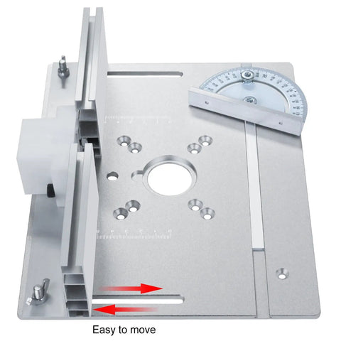 Heavy Duty Router Table Insert Aluminum Flip Plate With Adjustable Miter Guide Rail and Crisp Scale Markings For Dead On Edge Cuts and Shop Ready Performance In Any Fine Woodworking Space showing precision alignment features and adjustable guide.