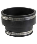 Built Tough Flexible Reducing Pipe Coupling With Stainless Steel Bands For DWV Drain Waste Vent Line showing black rubber with clamps.