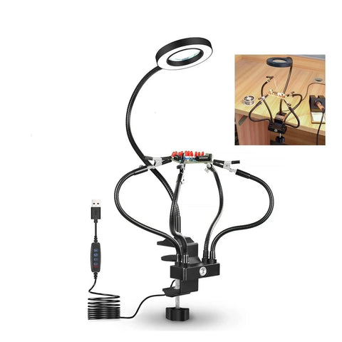 Third Hand Desk Clip Soldering PCB Holder Tool With 3X LED Magnifier And 5Pcs Helping Arms, Adjustable Gooseneck, Stainless Steel Stand