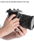 Floating 20m Underwater DSLR Housing Case for Cameras Portable Dive Cage in use, showing hand operating camera control.
