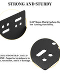 Close-up of black powder-coated steel brackets from Eight Piece Post Base Pergola Bracket Kit Inner Size 3.5 Inch By 3.5 Inch.