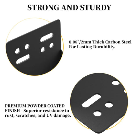 Close-up of black powder-coated steel brackets from Eight Piece Post Base Pergola Bracket Kit Inner Size 3.5 Inch By 3.5 Inch.