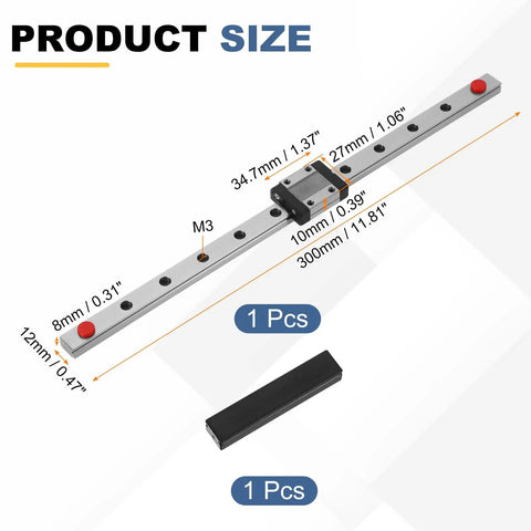 MGN12 300mm Linear Sliding Rail Guide With MGN12C Carriage Block dimensions for Mini CNC Engraving And 3D Printer Projects