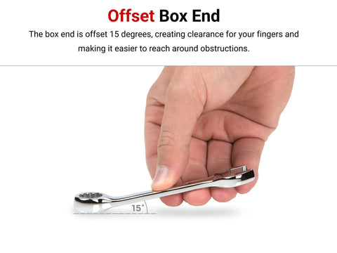 15-degree offset design of stubby wrench from Stubby Wrench Set With Holders, 25 Piece Inch And Metric Combo, Short Length For Tight Spaces.