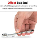 Hand holding a stubby wrench with 15-degree offset box end, part of Stubby Combination Wrench Set With Holder Twenty Piece Inch And Metric Short Profile Wrenches Angled Open Ends For Tight Spaces Includes Black And Red Holders Five Sixteenths To Three Quarters Inch And Eight To Nineteen Millimeters.