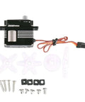 Heavy Duty RC Digital Servo Featuring A Coreless Motor With Full Metal Gears, includes control arm parts and screws.