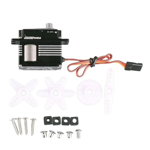 Heavy Duty RC Digital Servo Featuring A Coreless Motor With Full Metal Gears, includes control arm parts and screws.