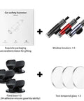 Car safety hammer 3-pack kit: 3 window-breakers, 3 adhesive bases, and 3 tempered glass discs in packaging