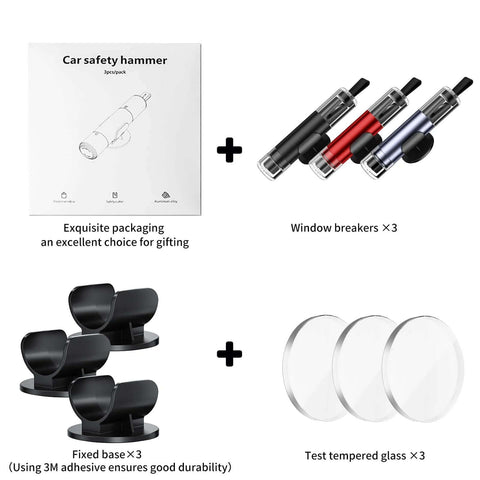 Car safety hammer 3-pack kit: 3 window-breakers, 3 adhesive bases, and 3 tempered glass discs in packaging