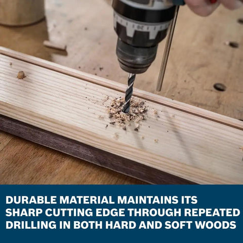 Dead Bang True 5/16 Inch Brad Point Drill Bit drilling into wood, showing clean hole and shavings, ideal for precise woodworking.