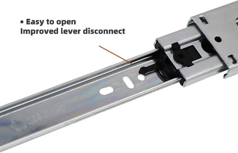 Close-up view of 22 Inch Double Spring Soft Close Drawer Slides Full Extension Ball Bearing 100 Lb Capacity with improved lever disconnect.