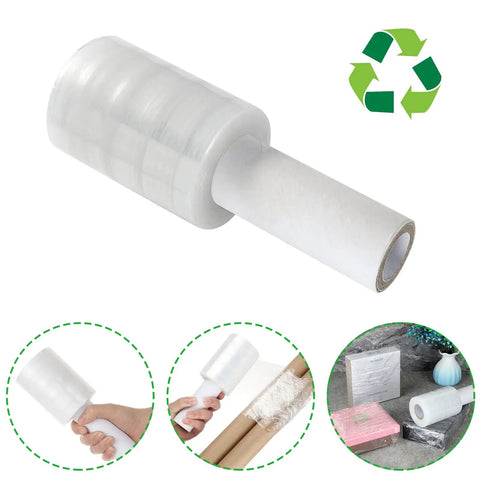 Snag This Gotta Have 6 Roll Stretch Wrap Film Set With Premium 80 Gauge Cling Plastic Measuring 4 Inches By 1000 Feet displayed in hand for packing
